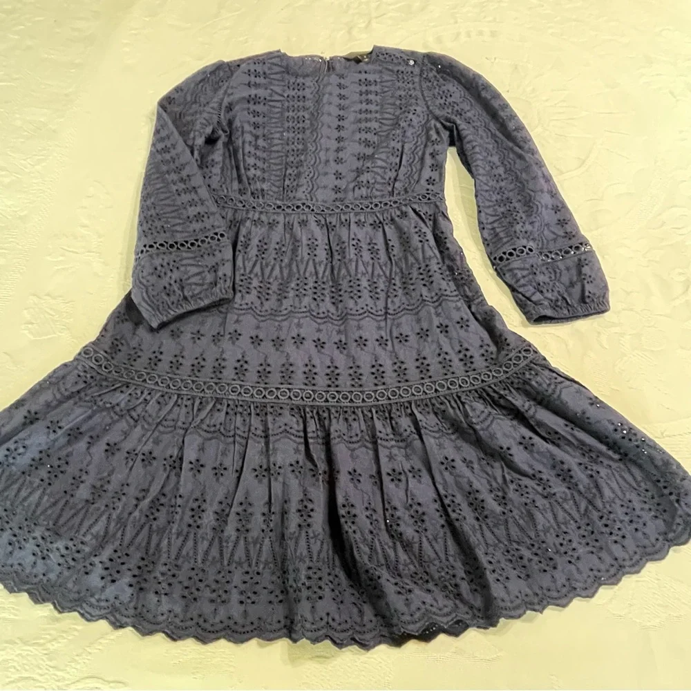 J. Crew Eyelet Lace Flutter Hem Dress Size‎ 2 Navy Blue Preppy A Line